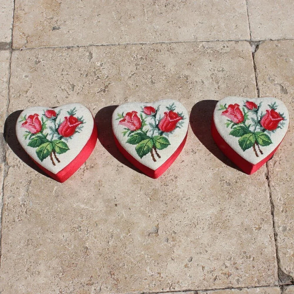 Needlepoint Mini Petite Stitch Roses Floral Red Heart Containers Set of 3